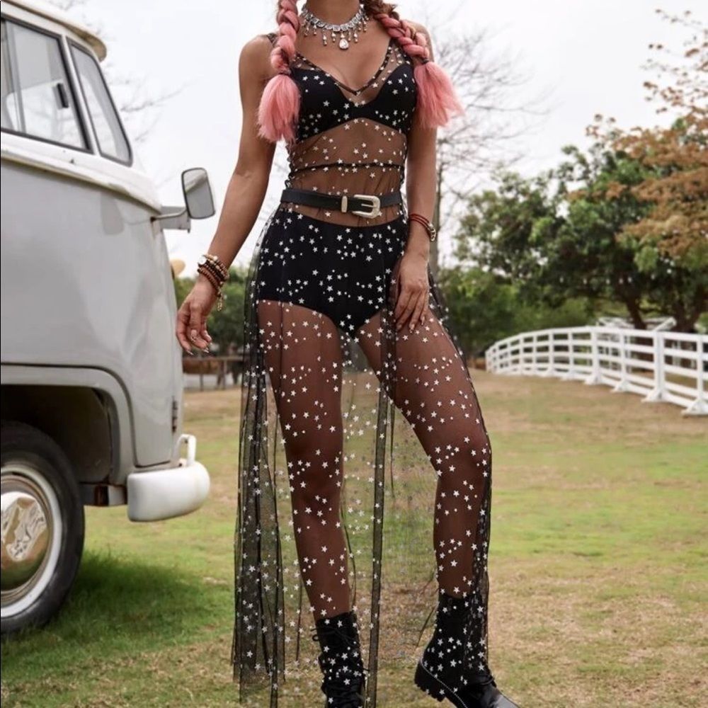 Sheer Metallic Star Tulle Mesh Maxi Festival swim Cover Dress